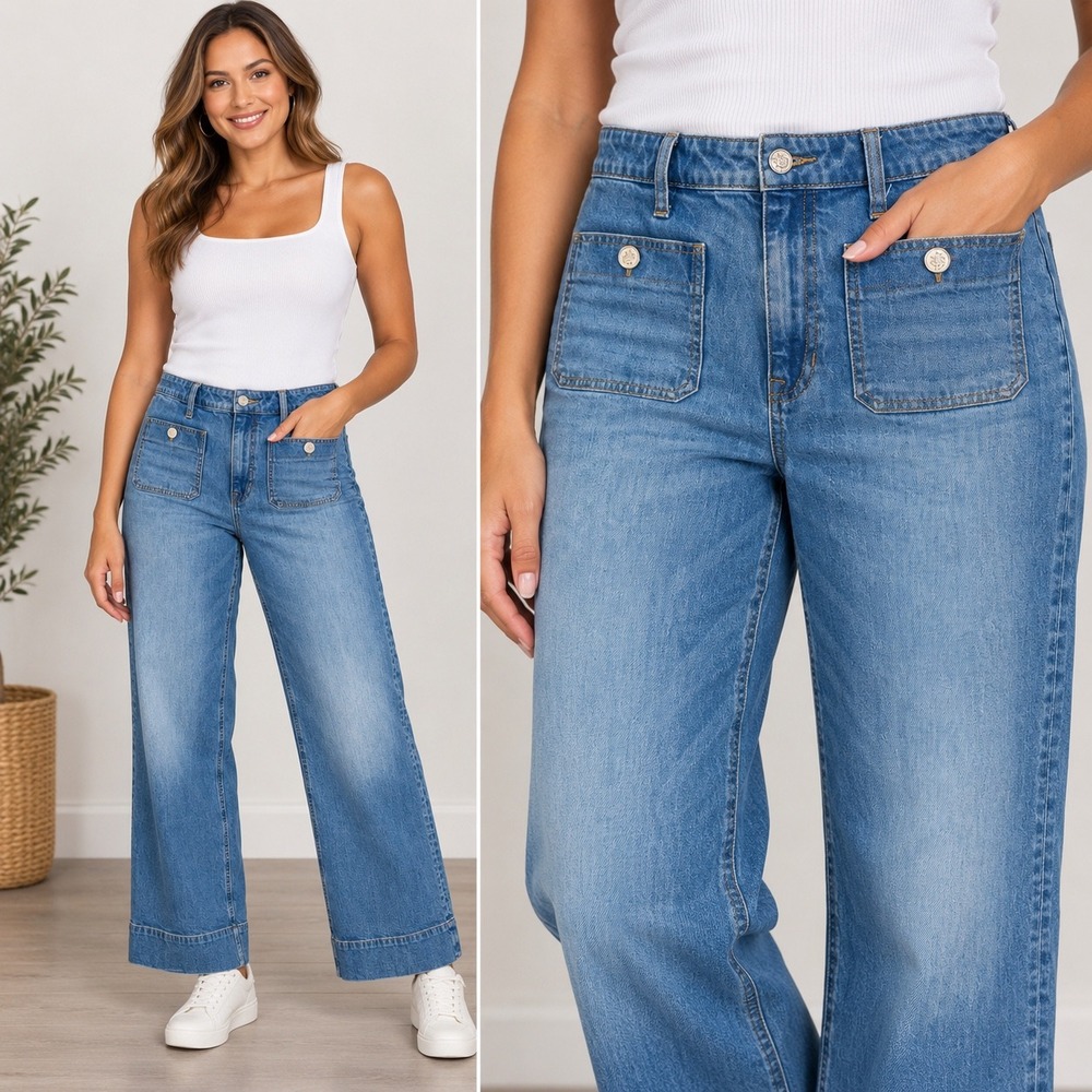 J.Crew High Rise Wide Leg Jeans Medium Wash Button Patch Pocket Denim RE-96-IDG